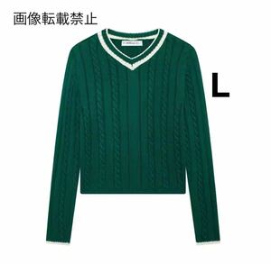 green vintage ヴィンテージ レトロ ライン ニット セーター トップス Lサイズ レディース★ZARA 好きな方に★2024 秋新作 新品未使用★