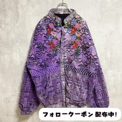 古着 used　長袖刺繍花柄フルジップブルゾン　総柄デザインジャンパー　紫　パープル　オーバーサイズ　レトロ　個性的