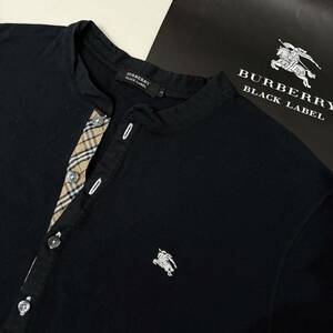 美品 BURBERRY BLACK LABEL バーバリーブラックレーベル 半袖ヘンリーネックシャツ 前立ノバチェック 黒 2(M) #2859