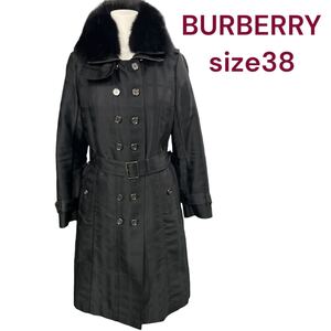 美品　バーバリー　シャドウメガチェック　フォックスファー付き　トレンチコート BURBERRY ロングコート ブラック　LONDON 38、M、9号