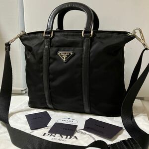 【美品】PRADA プラダ 2WAY ハンドバッグ ショルダーバッグ ブラック ナイロン素材 レザー 三角プレート 付属品付き 白タグあり