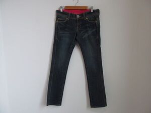 (57853)SOMETHING　VIENUS JEAN　レディース　デニムパンツ　ジーンズ　ストレート　ローライズ　ネイビー系　29×33　USED