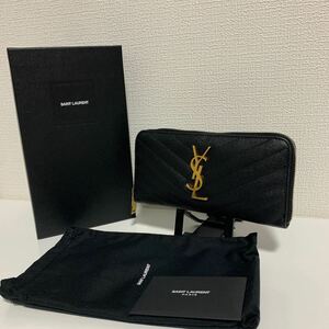 美品　SAINT LAURENT サンローラン YSL Vステッチ　ラウンドファスナー 長財布 金ロゴ　付属品あり　ブラック