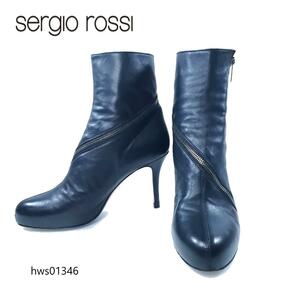 SERGIO ROSSI ショートブーツ ジップ 37 ブラック アーモンドトゥ セルジオロッシ レディース hws01346