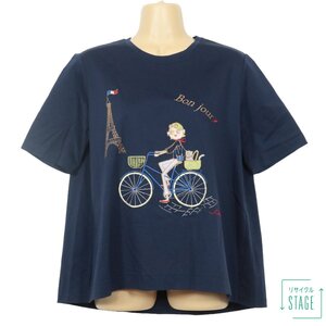 【美品】CANOA カノア★Tシャツ 半袖 カノンちゃん 猫 刺しゅう レターパック可 サイズM 紺系 z8155