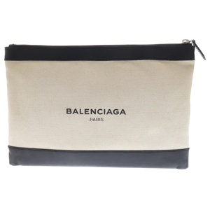 BALENCIAGA バレンシアガ ネイビークリップM ロゴプリントキャンバスクラッチバッグ ホワイト/ブラック 373834