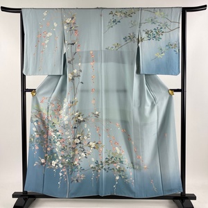 訪問着 身丈155.5cm 裄丈64cm M 袷 落款 若松 枝花 裾ぼかし 水色 正絹 名品 一つ紋 【中古】