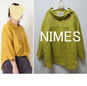 ★NIMES☆ニーム★ リネン ロールカラーブラウス 肩ボタン ドロップショルダー イエロー　カラシ系 ブラウス 七分袖 LINEN【中古】