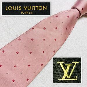 ■良品■LOUIS VUITTON ルイヴィトン　クラヴァット　ネクタイ　モノグラムの花　ドット　スクエア　シルク　ピンク　イタリア製　ビジネス