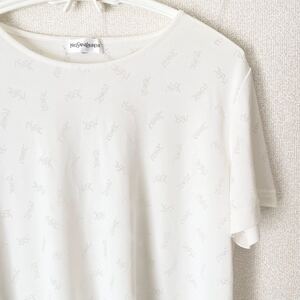 YSL イヴ サンローラン 総柄 Tシャツ★モノグラム カットソー 白 ホワイト 福助 半袖 LL レディース イタリア ハイブランド ロゴ レーヨン