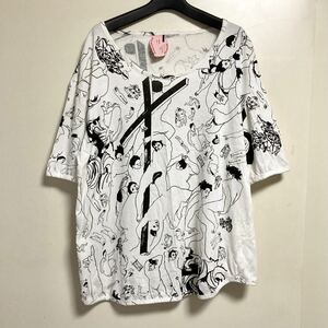 ☆ paris par U.F.A.D. ゆったり シュール アート Tシャツ ホワイト オーバーサイズ ドロップショルダー 半袖 白T 天使 白 黒 総柄 m l