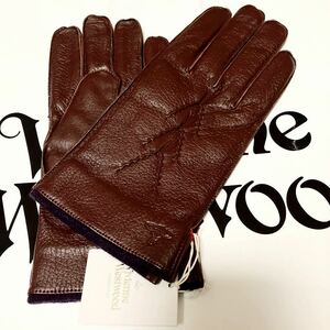 送料込●新品●Vivienne Westwood 羊革裏地ニット手袋 ブラウンB メンズ24cm 縦25cm ×横10.5cmヴィヴィアンウエストウッド