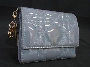 1円 ChristianDior ディオール レディディオール カナージュ パテントレザー 三つ折り ミニ財布 ウォレット ブルーグレー系 FC5656