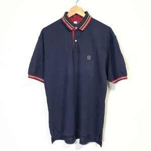 h855dL TOMMY HILFIGER トミーヒルフィガー サイズM 半袖ポロシャツ ネイビー 紺色 メンズ 綿100% コットンシャツ オーバーサイズ 古着