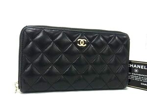 1円 CHANEL シャネル ココマーク マトラッセ ラムスキン ラウンドファスナー 長財布 ウォレット 小銭入れ レディース ブラック系 FK1734