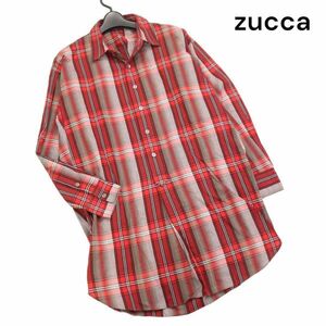 zucca ズッカ 通年 バック ドレープ♪ 長袖 プルオーバー チェック シャツ ワンピース Sz.M　レディース 赤　K4T00256_2#C