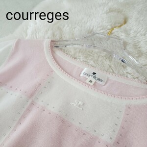 美品courregesバイカラーロゴ入りストーン付きサマーニット ピンク 38