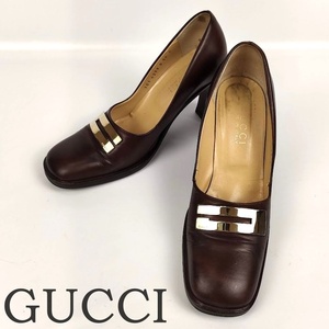 GUCCI グッチ ロゴ プレート パンプス サイズ36 ブラウン 茶色 金具ゴールド ハイヒール 靴 レザー 革 レディース 中古