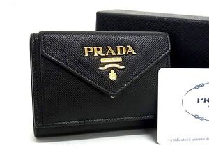 1円 ■美品■ PRADA プラダ 1MH021 サフィアーノレザー 三つ折り 財布 ウォレット 小銭入れ 札入れ レディース ブラック系 FK0513