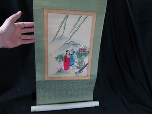 A　山中男女楼閣刺繍軸　中国　古布　掛け軸　