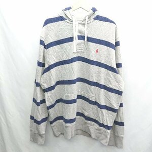 ◇ POLO RALPH LAUREN ポロ ラルフローレン ボーダー柄 ブランドロゴ刺? 長袖 パーカー サイズXXL グレー ブルー メンズ E