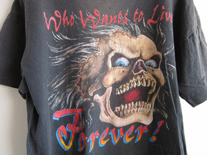 骸骨/バイカー/WHO WANTS TO LIVE FOREVER/丸首/半袖Tシャツ/黒【メンズL程度】丸胴/ビンテージ/パンク/ロック/ハーレー/D142-01-0020ZVW