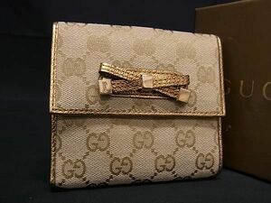 1円 ■極美品■ GUCCI グッチ 167465 GG柄 GGキャンバス リボン 二つ折り 財布 ウォレット 小銭入れ ベージュ系×ゴールド系 FD1666