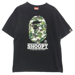 A BATHING APE アベイシングエイプ PEANUTS SNOOPY collaborate tee スヌーピー BAPE プリント Tシャツ ブラック系 XL【中古】