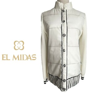 新品未使用 38 9号 EL MIDAS エルミダ ホワイトニットジャケット 手書き風デザイン カーディガンジャケット ウール混ニット 中綿 白