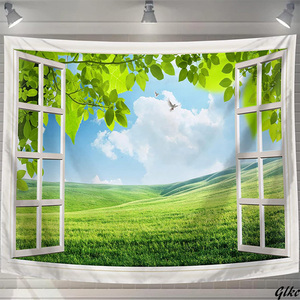 窓　風景　自然　タペストリー　ポスター　インテリア　模様替え　木　緑　草原　背景　壁飾り　布ポスター　壁掛け 多機能
