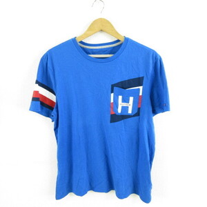 トミーヒルフィガー TOMMY HILFIGER Tシャツ 丸首 半袖 プリント 青 M *A136 メンズ