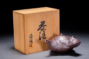 【善古堂】某有名オークション買入 骨董品 萬古焼 木阿弥造 蝙蝠紋茶注 共箱 茶煎道具 古美術0825-52S1　