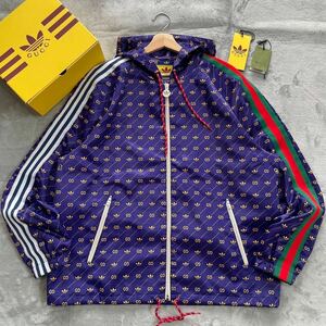 L位★GUCCI adidas グッチ アディダス ナイロンジャケット ウィンドブレーカー パーカー トレフォイル ロゴ GG シェリーライン メンズ 48