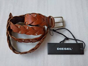 ★新品 DIESEL ディーゼル B-Kyrnha レザーベルト ブラウン ベルト Womens Braided Belt Vintage Metal Brown Leather