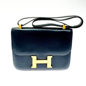 【1円スタート】HERMES エルメス コンスタンス ボックスカーフ ネイビー系 〇H刻印 ゴールド金具 ショルダーバッグ 384962