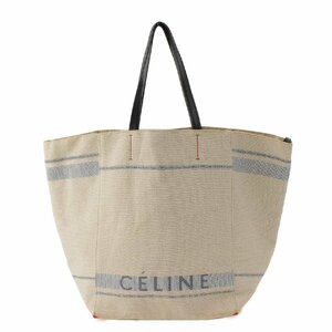 【セリーヌ】Celine　カバファントム トートバッグ リネン キャンバス ロゴ ベージュ ブルー 【中古】【正規品保証】213449