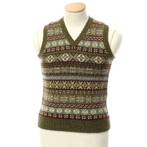 【中古】ジャミーソンズニットウェア Jamieson’s Knitwear ミドルゲージウール フェアアイル柄 ニットベスト オリーブ系【サイズS】