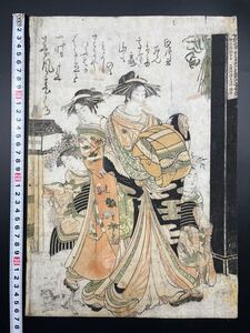 【真作】本物浮世絵木版画 北尾政演「吉原傾城新美人合自筆鏡 瀧川」江戸期 花魁美人図 錦絵 大判 保存良い