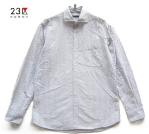 美品!!23区オム 23区HOMME*セミワイドカラー ストライプ柄シアサッカーシャツ 48 実寸M グレー×白 オンワード樫山