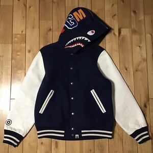 袖レザー shark hoodie varsity jacket Mサイズ navy a bathing ape BAPE leather シャーク パーカー スタジャン エイプ ベイプ sa1075