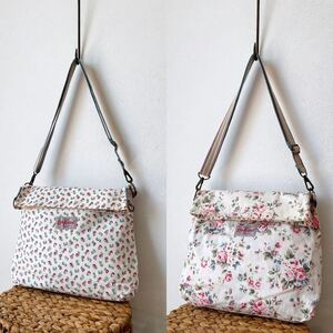 おしゃれ希少キャスキッドソンCath Kidstonリバーシブル ピンク フラワー花柄ショルダーバッグ大容量 深型キャンバス布製ホワイト2way白