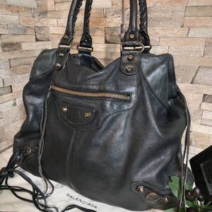 1円【至高の逸品】BALENCIAGA バレンシアガ トートバッグ ワンショルダー ハンドバッグ レザー ザ シティ THE CITY ブラック 黒 ミラー付 