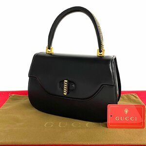 極 美品 GUCCI グッチ オールドグッチ ヴィンテージ チェーン モチーフ ハンドル ターンロック カーフ レザー ハンドバッグ ブラック 22849