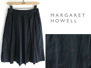 状態良好 MARGARET HOWELL マーガレットハウエル 前タック/後ギャザー サークルドット コットンシルクスカート 1 ネイビー 日本製 MHL.