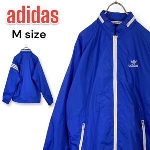 【美品】80年代 デサント製 オールドアディダス adidas ビンテージ ナイロンジャケット ウインドブレーカー トレフォイル刺繍 Mサイズ 青