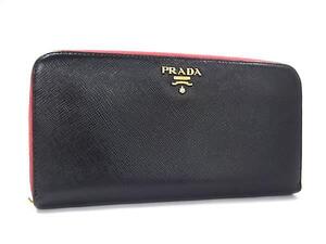 1円 PRADA プラダ サフィアーノレザー ラウンドファスナー 長財布 ウォレット 札入れ 小銭入れ レディース ブラック系 FH4549