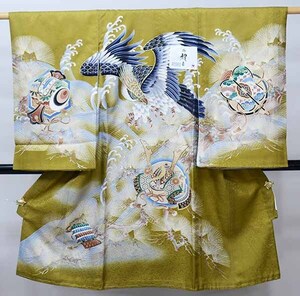 お宮参り 産着 のしめ 男児 男の子 正絹 綸子地 豪華絢爛 金刺繍 うぐいす色 鷹 祝着 一つ身 掛け着 熨斗目 新品 (株) 安田屋 NO40960