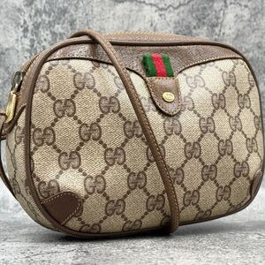 【極美品】 GUCCI グッチ シェリーライン GG ショルダーバッグ サコッシュ レザー 本革 PVC ブラウン ベージュ ゴールド 金具 ロゴ 