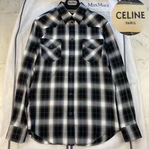 未使用級◎CELINE セリーヌ エディ期 チェック ネルシャツ 白 黒 ホワイト ブラック エディスリマン 現行 近年 オンブレチェック 長袖 