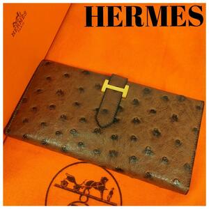 定価７１万円超【極上品・極美品】エルメス HERMES ベアン オーストリッチ 長財布 本革 H金具 ゴールド金具 メンズ ウォレット wallet